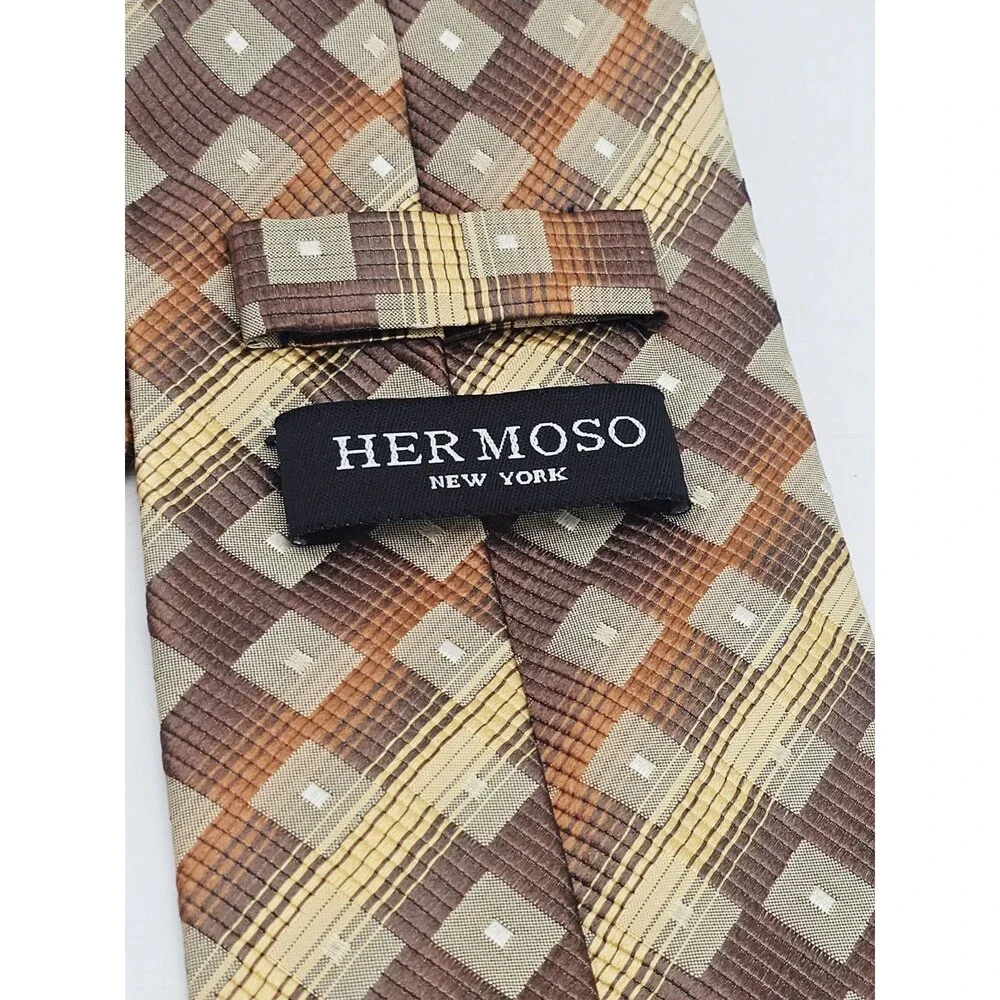 Hermoso New York Silk Necktie Art Deco Gold Brown Diamonds Foulard Striped